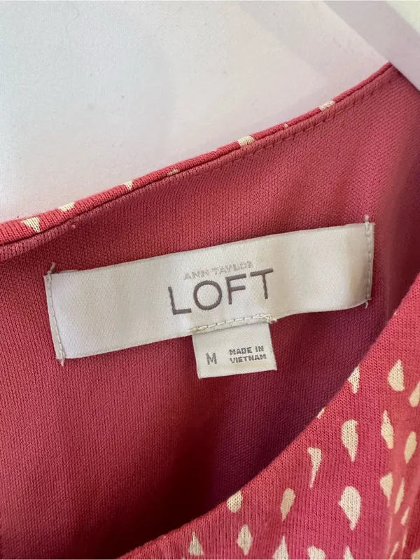 LOFT Coral Pink Printed Midi Dress with Black Waistband - Image 6