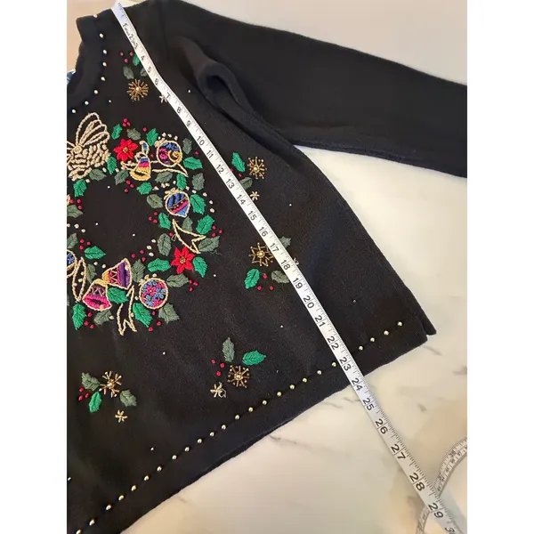 Arriviste Womens Black Embroidered Wreath Beaded Ugly Christmas‎ Sweater Small - Image 9