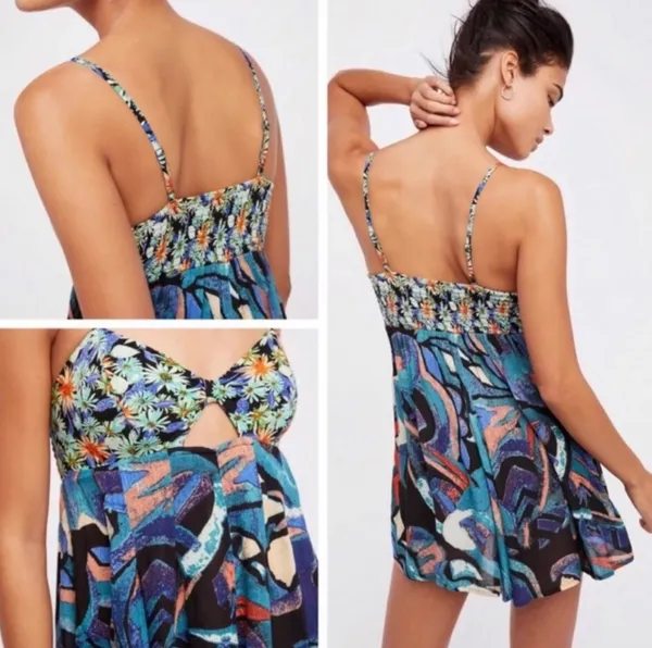 Free People Abstract Print Front Cut Out Smocked Flowy Romper - Image 2