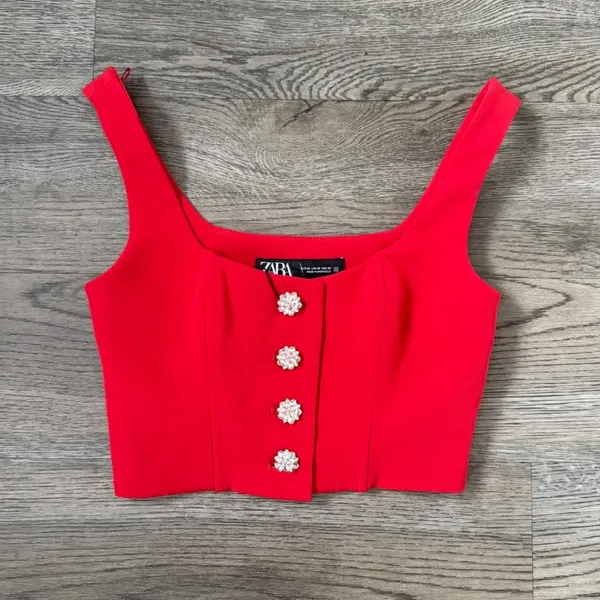 Zara Red Rhinestone Button Corset Crop Top Vest Size XS‎ Structured Boned NWOT - Image 4