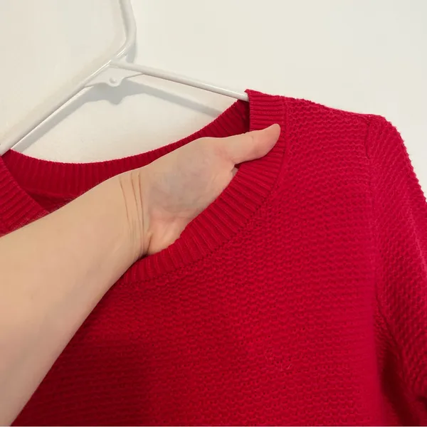 ANN TAYLOR LOFT Textured Button Cuff Sweater Bright Red 100% Cotton Crew Neck M - Image 7