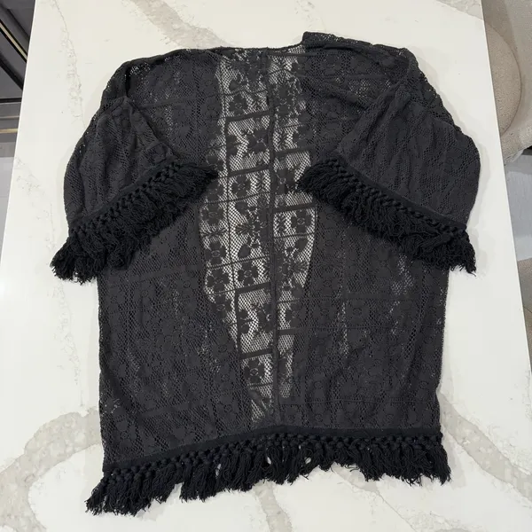 Aerie Crochet Lace Fringe Hem Kimono Women’s M/L Black Floral Swim Coverup Boho - Image 11