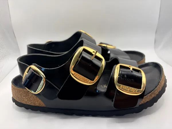 Birkenstock Milano Big Buckle Black Patent Leather Gold Quiet Luxury Sandals 38 US 7-7.5 - Image 2