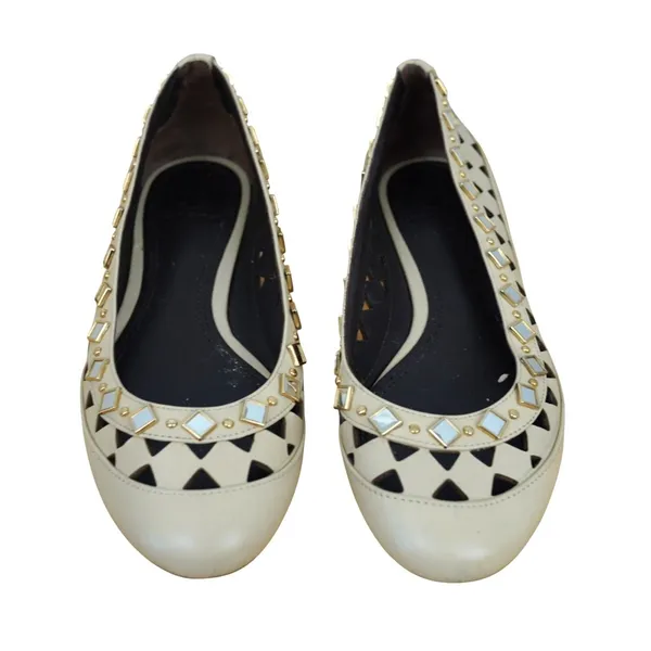 Tory Burch Flats Women Size 5 Cream Leather Studded Laser Cut Out Mirror Work - Image 3