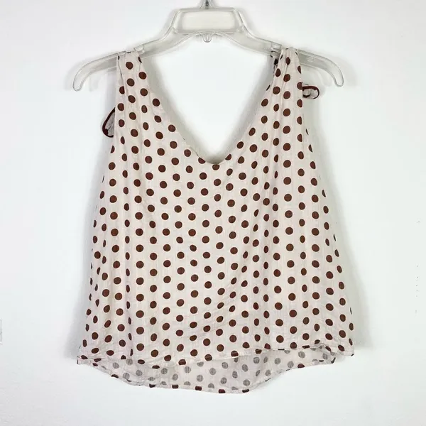 Sage & Citrus Ivory & Brown Polka Dot Tie Shoulder Tank Top Blouse - Image 2