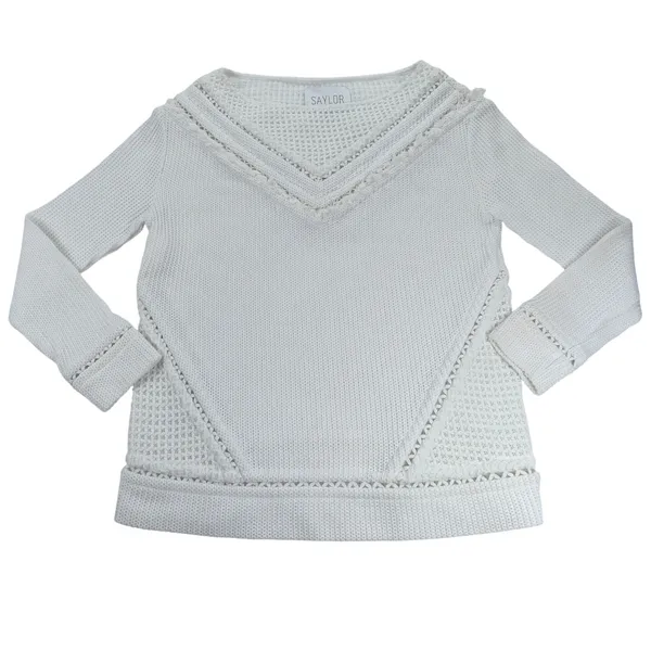 Saylor White Knit Boat Neck Sweater V-Panel Eyelet Fringe Detail Small - Image 4