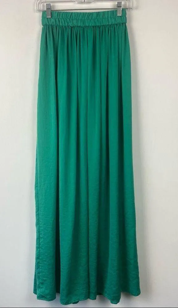 Mango CASUAL Maxi Skirt Green Satin Polyester Floor Length Elastic Waist XS - Image 7