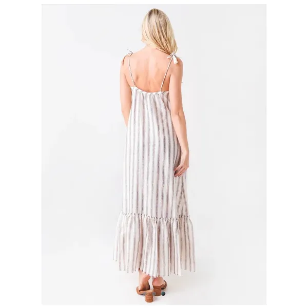 Tory Burch Striped Linen Maxi Dress Brown Cream Tassel Tie Straps 87512 Small - Image 10