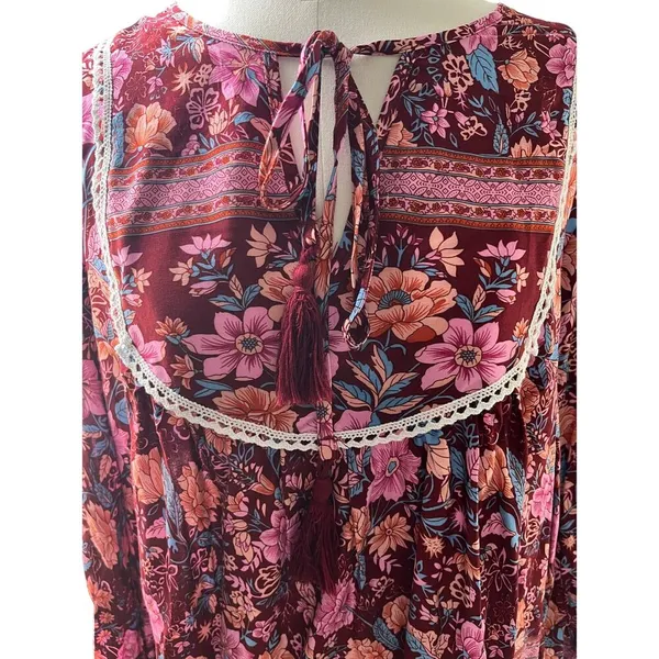 Pretty Garden Boho Cottagecore Blouse Large Pink Floral Tie Neck‎ Peasant Top - Image 4
