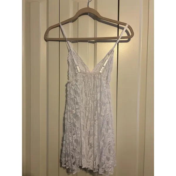 Vintage Fredericks of Hollywood White Lace Babydoll Chemise Pink Bow‎ Medium - Image 2