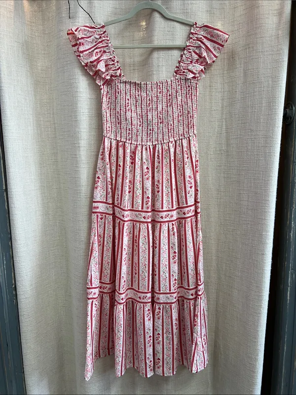 Blu Pepper Stripe Floral Pattern Smocked Tiered Midi Dress Last One Size Small - Image 5