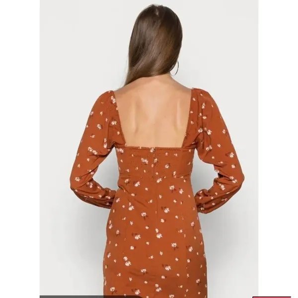 Abercrombie Fitch Rust Brown Floral‎ Sweetheart Neck Puff Sleeve MiniDress Small - Image 3