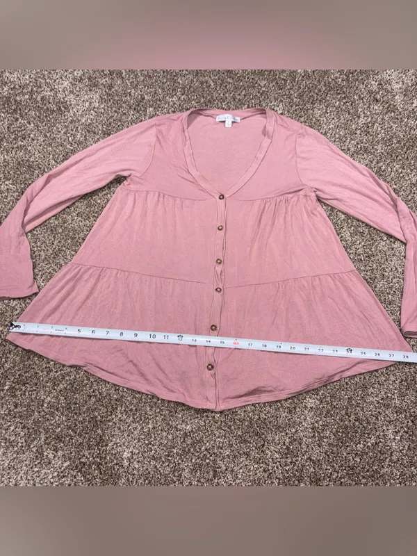 Moa Moa Dusty Pink Button-Front Tiered Long Sleeve Top Small - Image 6