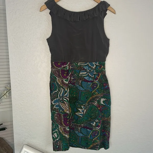 Vintage Anthropologie Maeve Brown Silk Dress Artsy Indie Cocktail Ruffle Front - Image 7