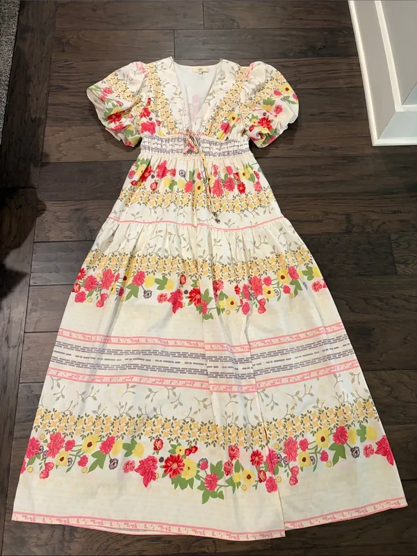 New Without Tags Entro Floral V-Neck Puff Sleeve Maxi Dress Sz S - Image 8