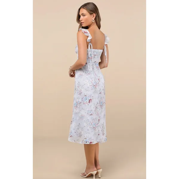 Lulus Delightful Direction Blue Floral Ruffled Tie-Strap Midi Dress Small NWT - Image 2