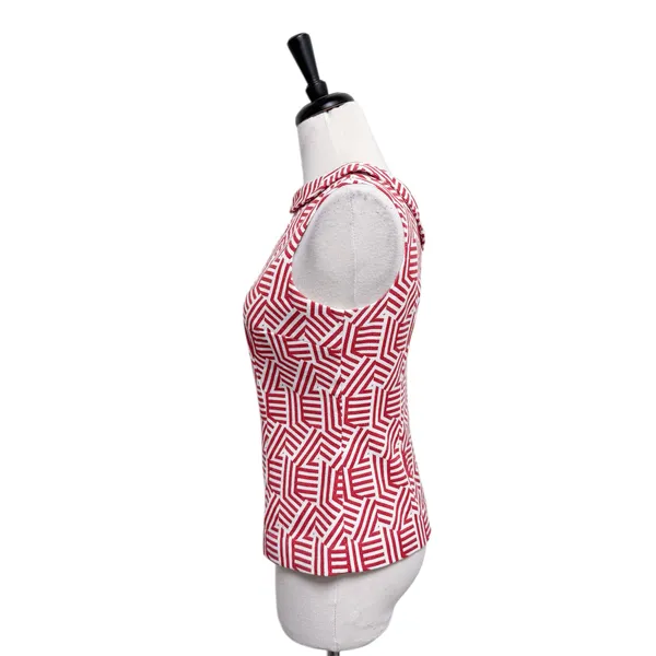 Boden Red Off White Geometric Sleeveless Flap Neck Woven Fit Flare Martha Top 10 - Image 4