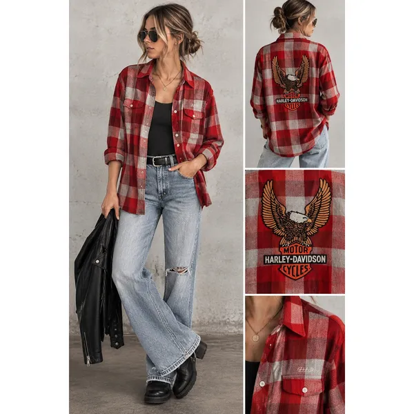 Harley-Davidson Red Plaid Flannel Eagle Graphic Button Down Shirt XL Unisex - Image 2