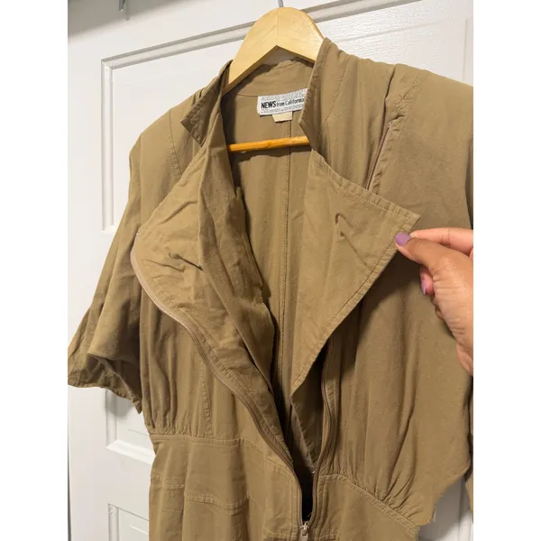 Vintage NEWS from California Asymmetrical Zip Midi Dress Tan Dolman Sleeve L - Image 11