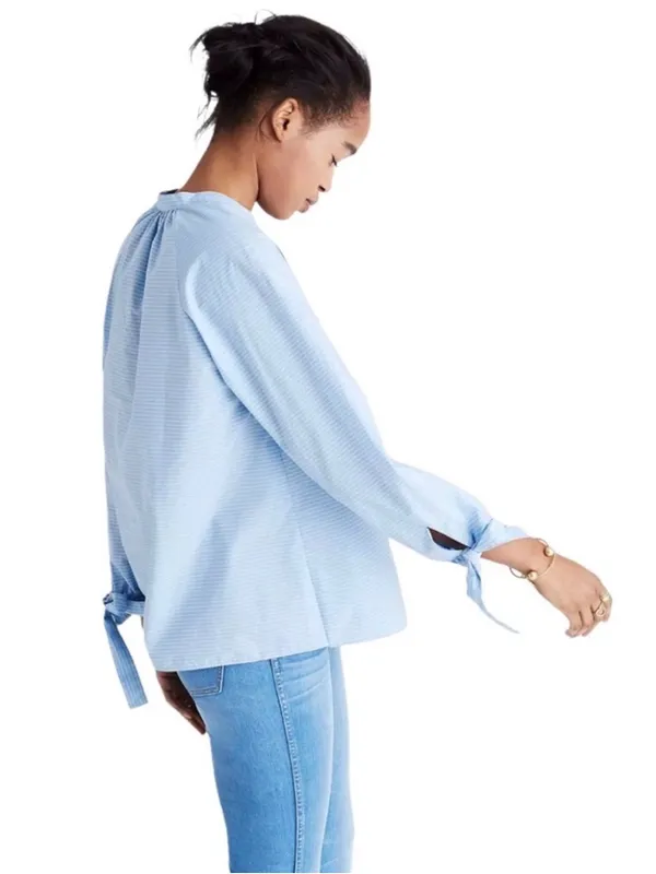 Madewell Tie Sleeve Popover Top Blue Size XS - Image 3
