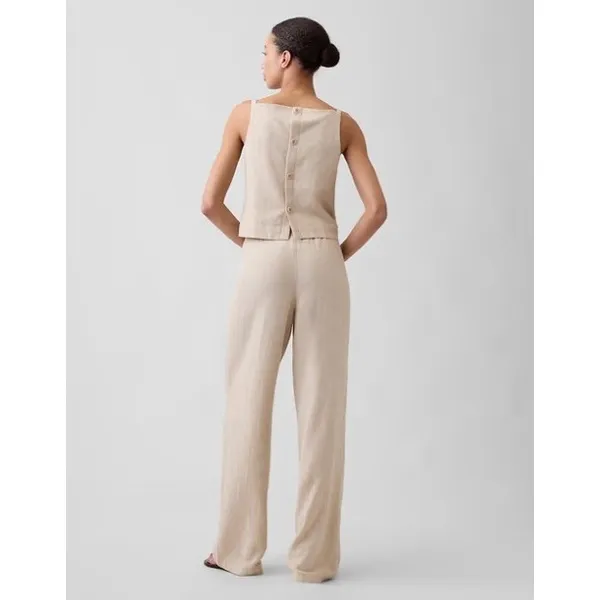 Gap Women's Size 12 Wide Leg Pants Beige Tie Waist Pockets High Rise 100% Linen - Image 2