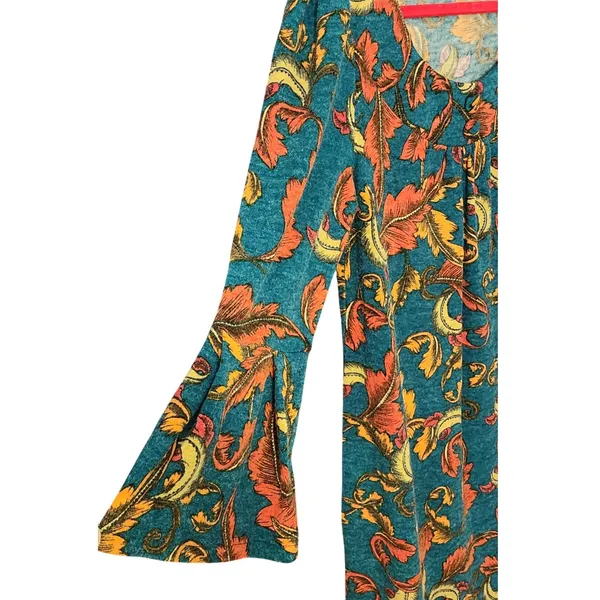 Aryeh Knit Dress Women'sTeal‎ Orange Feather Print Bell Sleeve, Large - Image 4