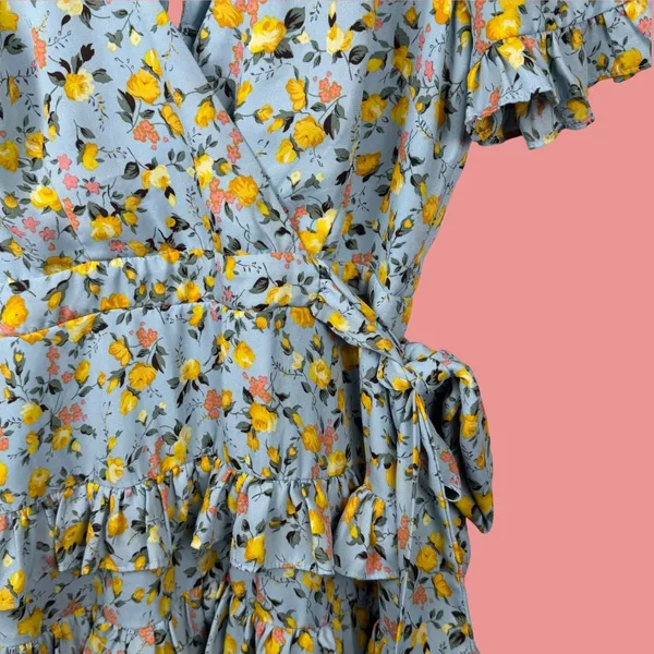 Lulus Floral Wrap Mini Dress Women S Light Blue Tiered Ruffle Sleeve Cottagecore - Image 7