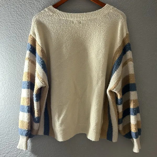 Harper & Liv Cream Knit Striped Crewneck Sweater - Image 8