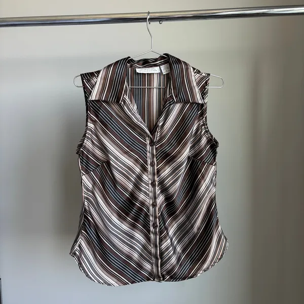 90s‎ Vintage Giorgio Fiorlini Collection Striped Satin Sleeveless Blouse Medium - Image 2