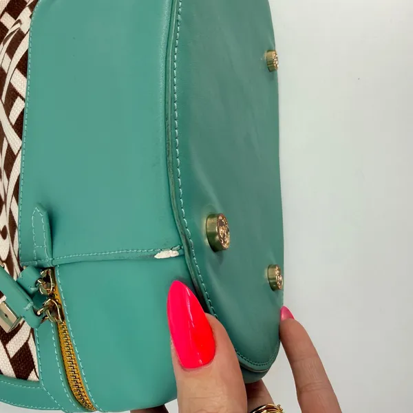Spartina 449 Madison Stanley Bucket Bag Linen Liner Leather Teal Brown Geometric - Image 11