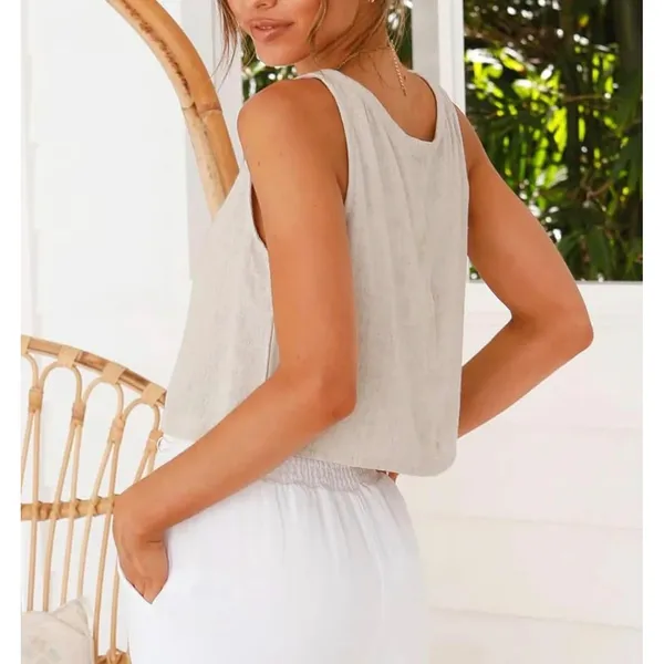 NWT IDEALSANXUN Women's Beige Cotton Linen V-Neck Crop Tank Top Medium - Image 2