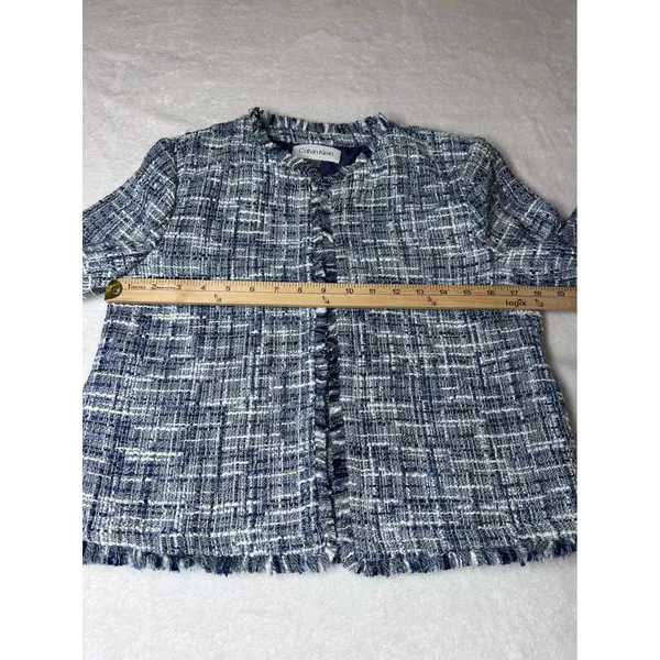 Calvin Klein Womens Blue White Tweed Fringe Open Front Jacket Size 2 Old money - Image 8