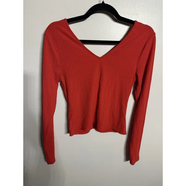 PacSun Ribbed Crop Top Red Long Sleeve Deep V Back & Front W/ Ruched Size Medium - Image 2