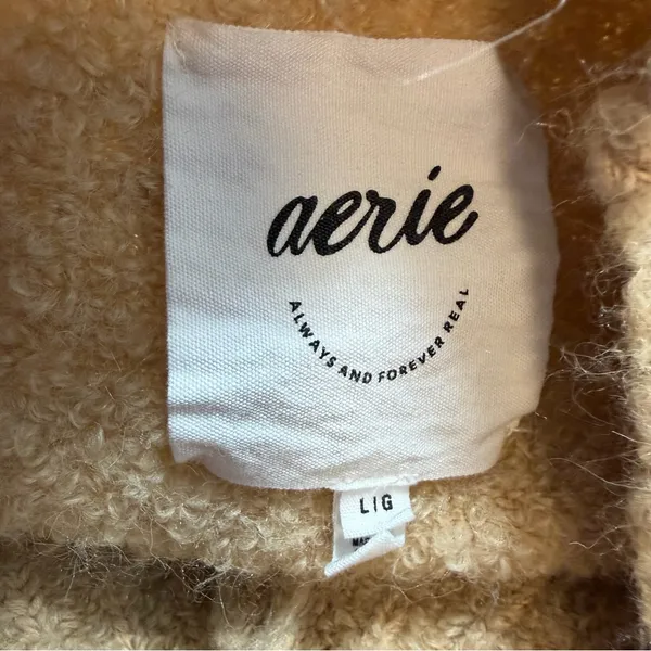 Aerie Teddy Boucle Sweater Womens L Tan Camel Fuzzy Oversized V Neck Wool Blend - Image 6