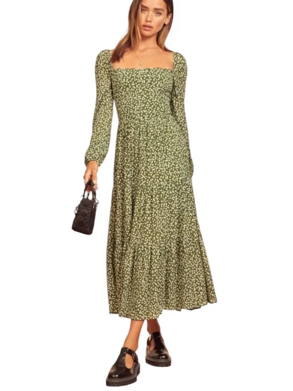 REFORMATION Kellie Maxi Tiered Dress Green Moiret Polka Dots Size 2 - Image 4