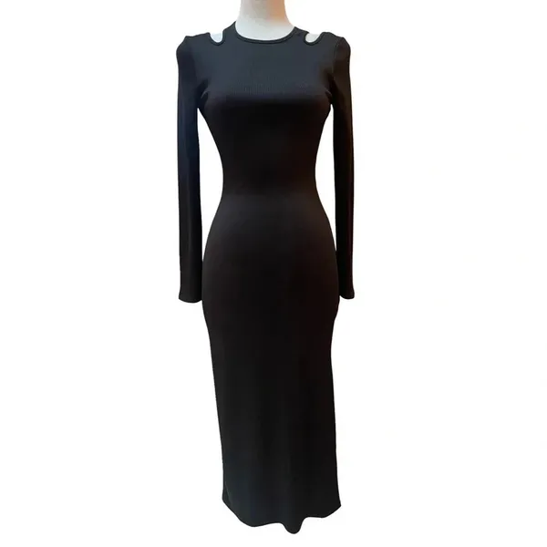 WHBM FORME Black Rib Midi Bodycon Cutout Cocktail Dress sz LRG LBD nwot - Image 3
