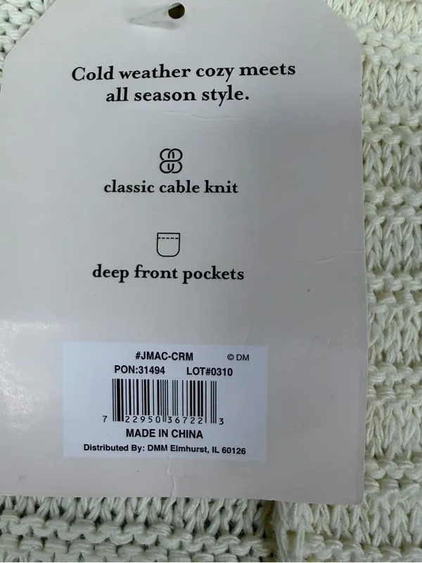 Jack & Missy Aspen Cardigan Womens M Ivory Cable Knit Open Front Pockets NWT Size M - Image 6