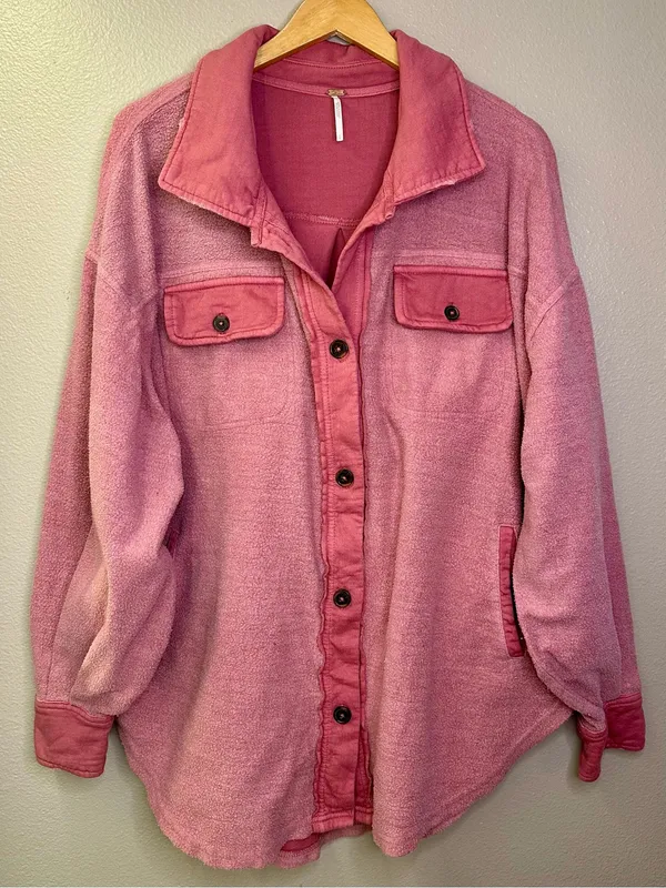 Free People Ruby Oversized Shirt Jacket Pink Shacket Distressed Cotton - Image 9