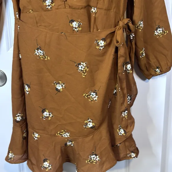 Abercrombie & Fitch Floral Wrap Dress Rust Orange Long Sleeve Boho Ruffle Hem M - Image 12