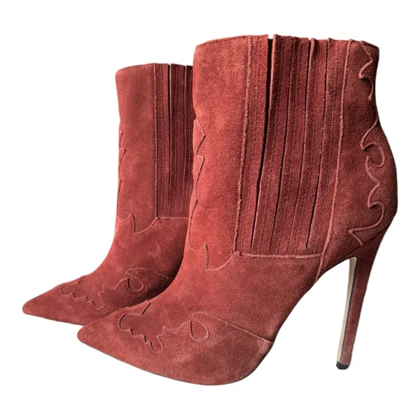 Burgundy suede pointed toe stiletto ankle boots with cowgirl design ASOS size 6 - Image 3