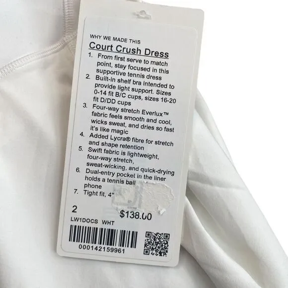 Lululemon Women’s‎ Size 2 Court Crush Tennis Dress Solid White Sporty New - Image 5