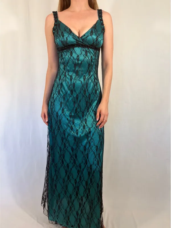 Turquoise Lace Overlay Gothic Maxi V Neck Dress Blue - Image 3
