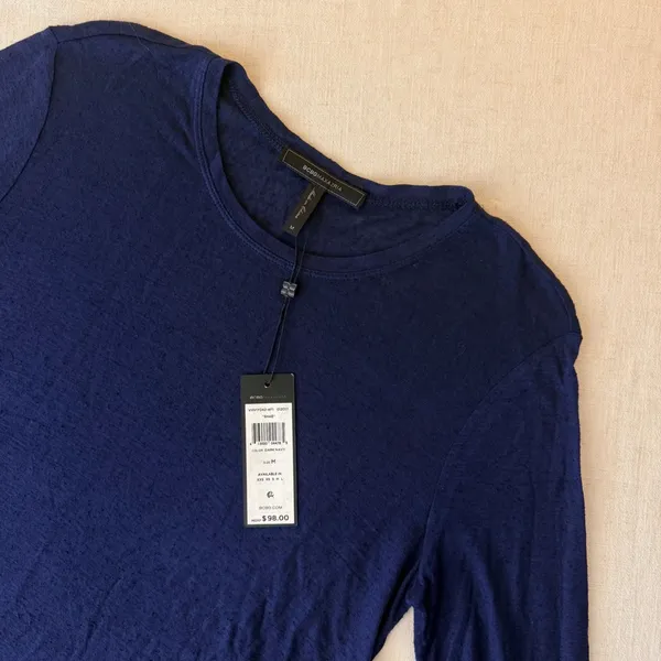 BCBGMAXAZRIA Shae High-Low Tunic Top Navy Blue‎ Silk Blend Long Sleeve M - Image 4