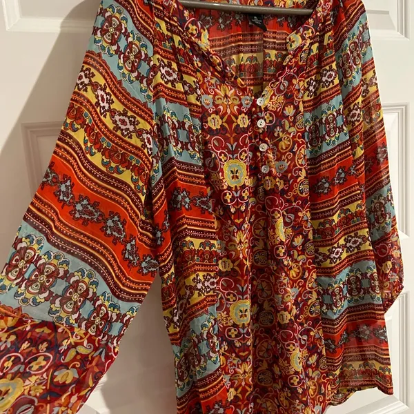 s Long Sleeve Boho Blouse Orange Blue Size XL - Image 4