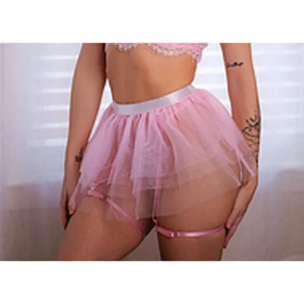 Macy's NEW SET Pink Tulle Mesh Sheer Layered Micro Mini Lace G-String Thong Garters L - Image 6