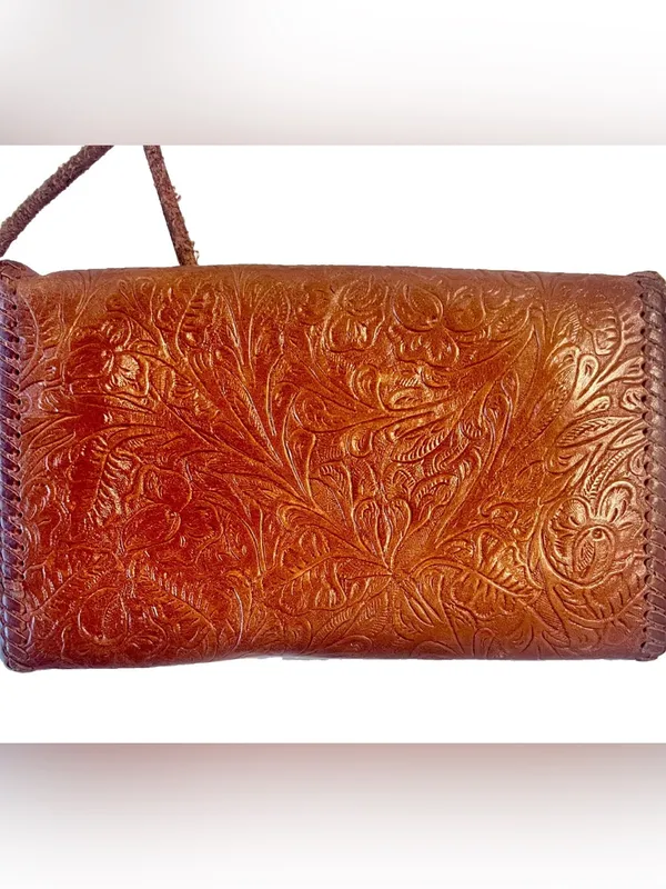 Hand-Tooled Leather Crossbody Purse Hand Made Floral Embossed Stitched Cognac - Image 3
