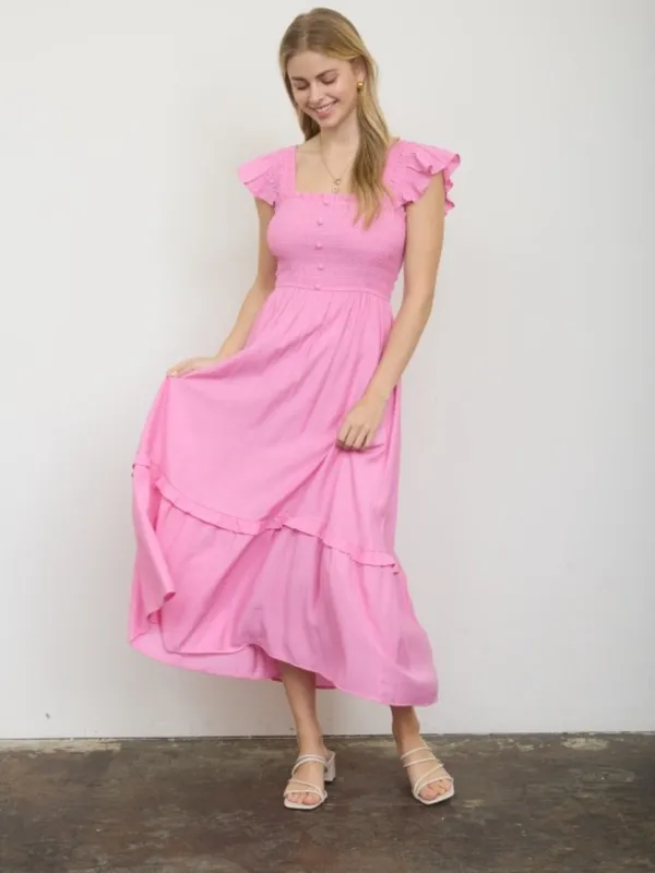 Mock Button Down Smocked Ruffle Detail Midi Dress Pink - Image 5