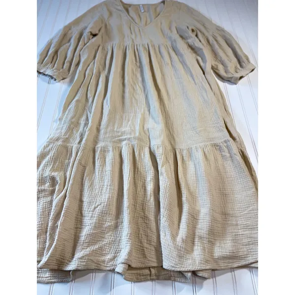 Rachel Pally Gauze Cecelia Dress XL Sand Beige Tiered Midi Balloon Sleeve V-Neck - Image 2