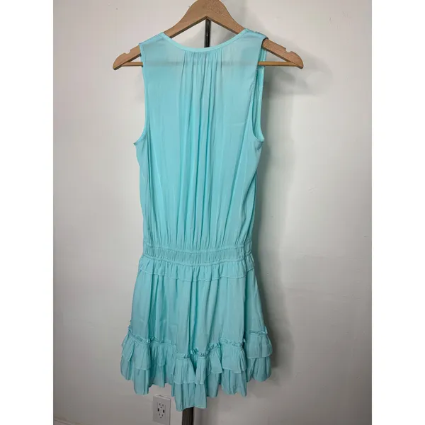Ramy Brook Sleeveless Mini Dress Turquoise Blue Smocked Ruffle Skirt Small - Image 3