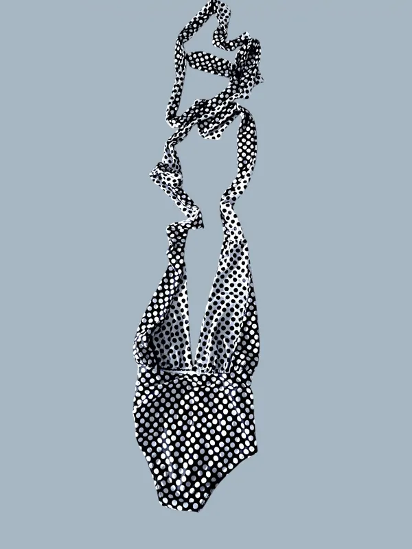 Marilyn Monroe Polka Dot Convertible Plunge Halter One-Piece Strappy Swimsuit Sm - Image 3